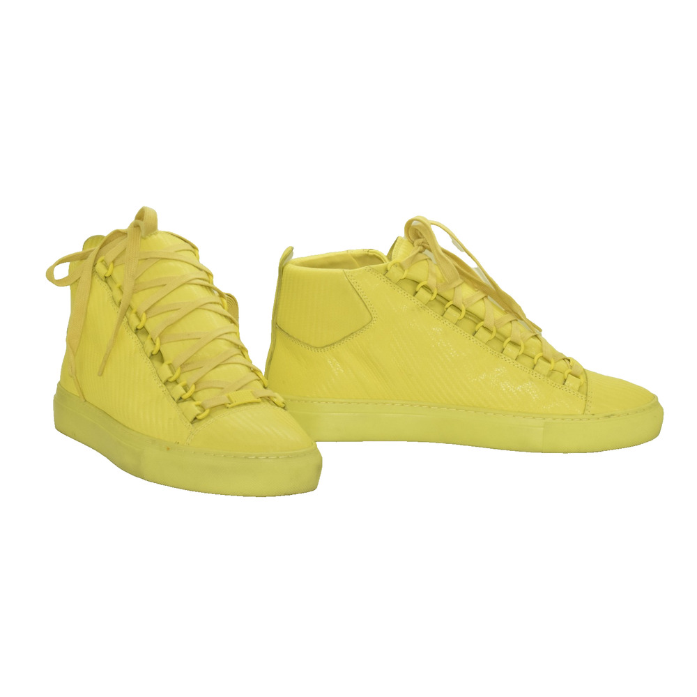 F5 Auth BALENCIAGA Arena Yellow Leather Hi Top Trainer Shoes 412381 Size 40 US 7 - Picture 1 of 9